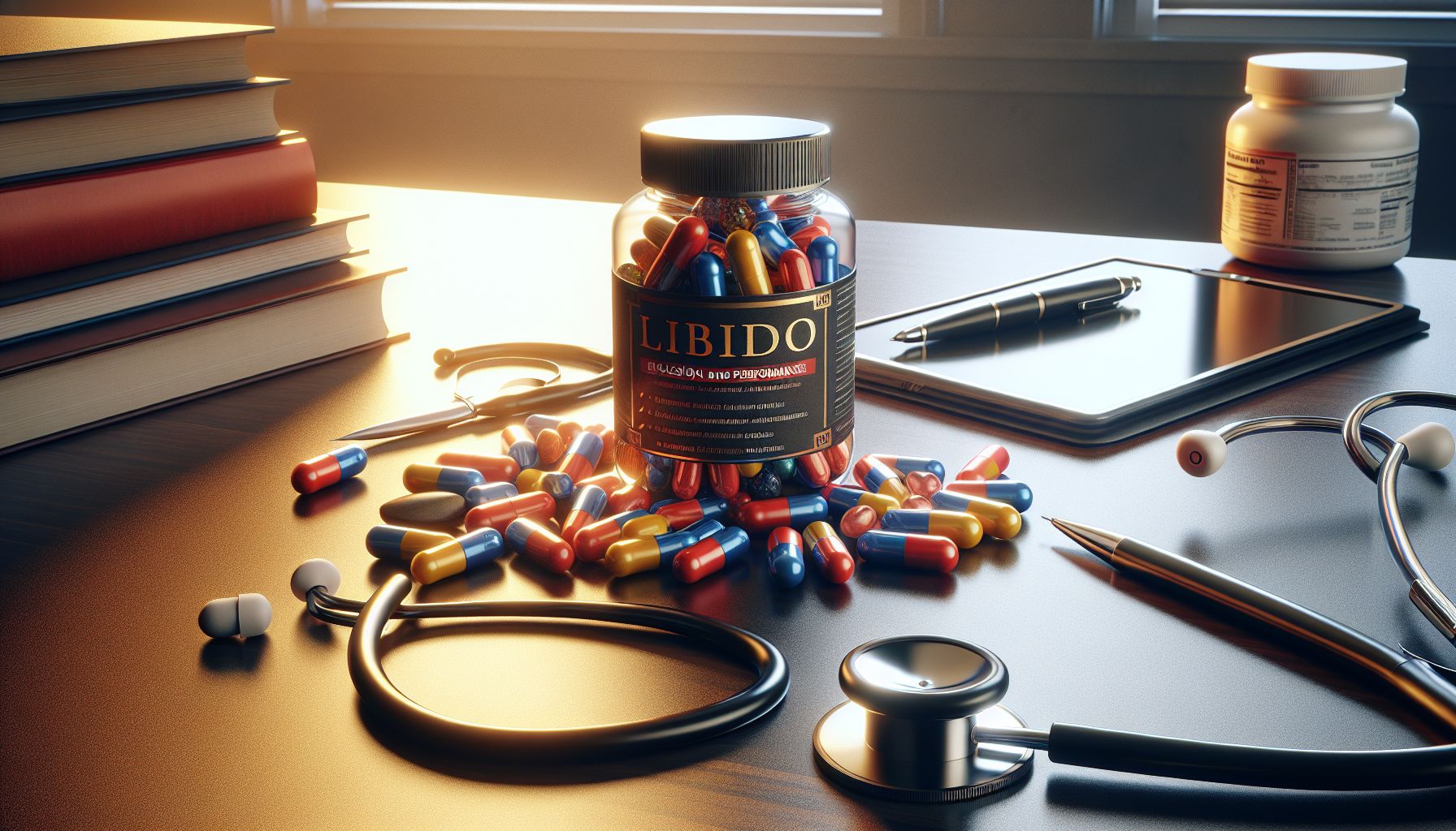Image of various libido supplements in capsules and bottles